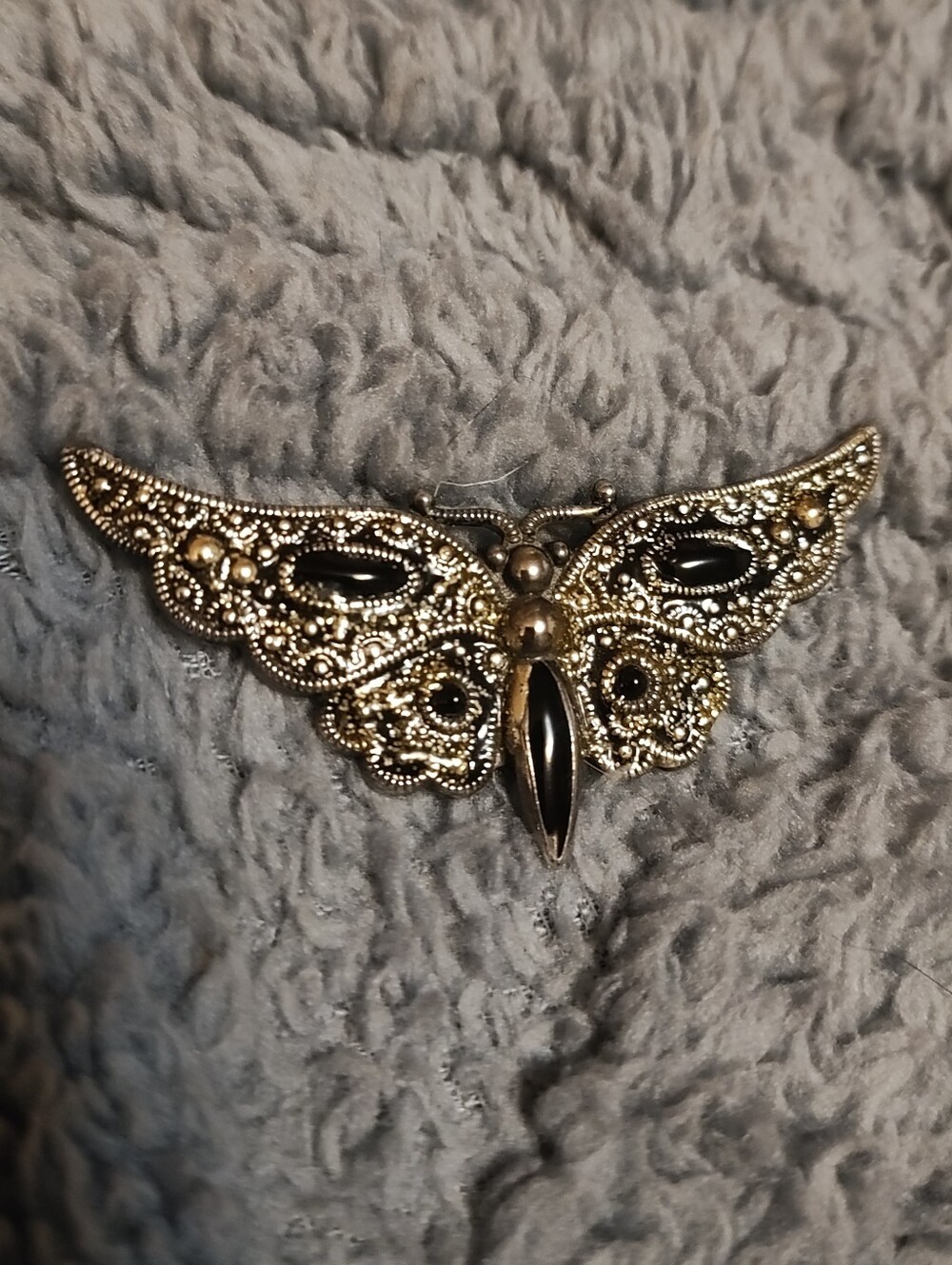 Vintage Marcasite & Black Enamel Butterfly Brooch